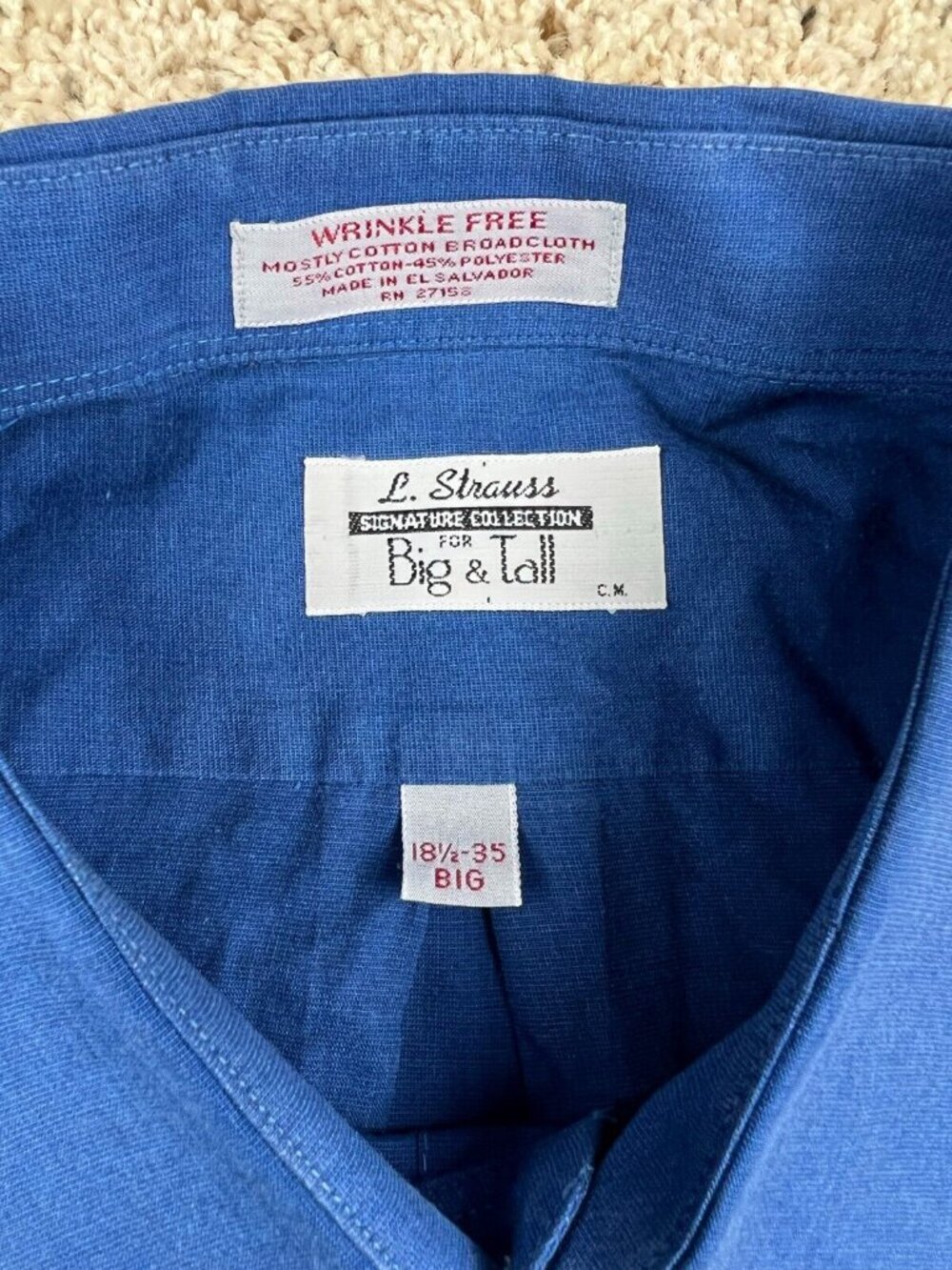 VTG L. Strauss Levi Signature Collection Big And Tall 18.5 35 Button Up Blue
